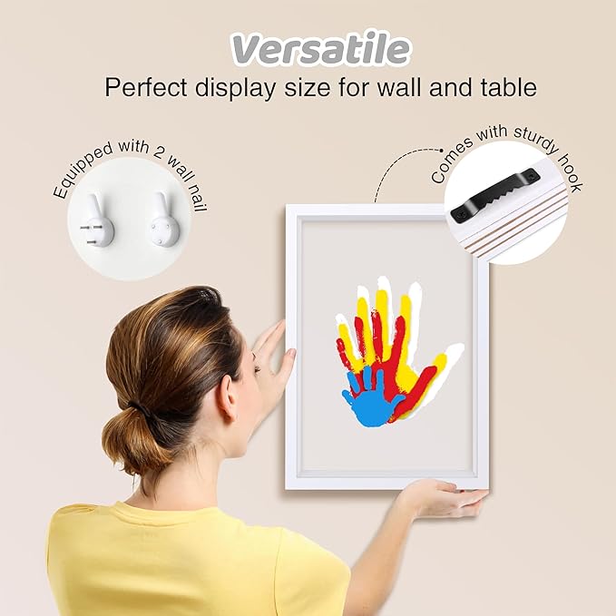 Family Handprint Kit, Hand Prints Keepsake Frame, DIY Craft Gift for New Parents & Mom & Baby, Grandparents, Mother's Day, Father's Day, Adoption Day, Anniversary, 6 Non -Toxic Paints (White)