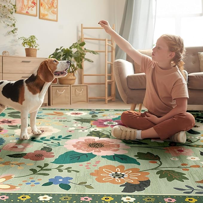 Floral 4x6 Area Rug Machine Washable Soft Print Boho Carpet Non Slip Doormat Low Pile Flower Area Rugs for Living Room Bedroom Nursery Kitchen Dining Room Indoor-Light Green