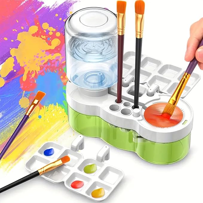 2025 Upgraded Paint Brush Cleaner Tool – All-in-One Paint Brush Washer, Rinse Cup, Holder, and Palette for Artists Beginners | Ideal Art Supplies for Watercolor & Acrylic Painting(Green)