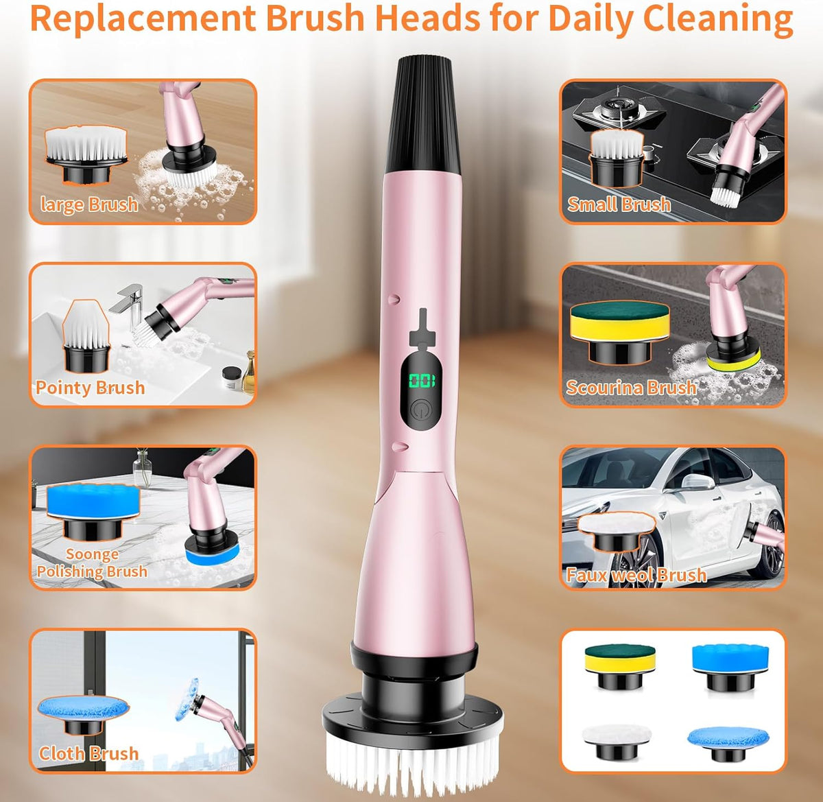 11 in 1 Electric Spin Scrubber Cordless Cleaning Brush 3 Adjustable Angles 2 Adjustable Speeds LED Display Shower Cleaner Brush Supplies Extension Long Handle for Bathroom Floor Tile Toilet Waterproof