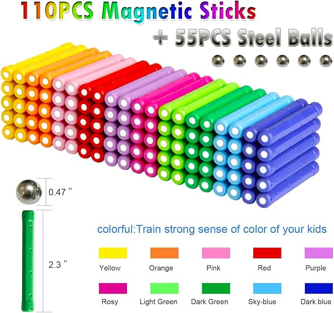 165PCS Magnetic Building Stick Blocks, Magnet Educational Toys Magnetic Blocks Sticks Stacking Toys STEM Set, Non-Toxic Building Toy 3D Puzzle with Storage Bag