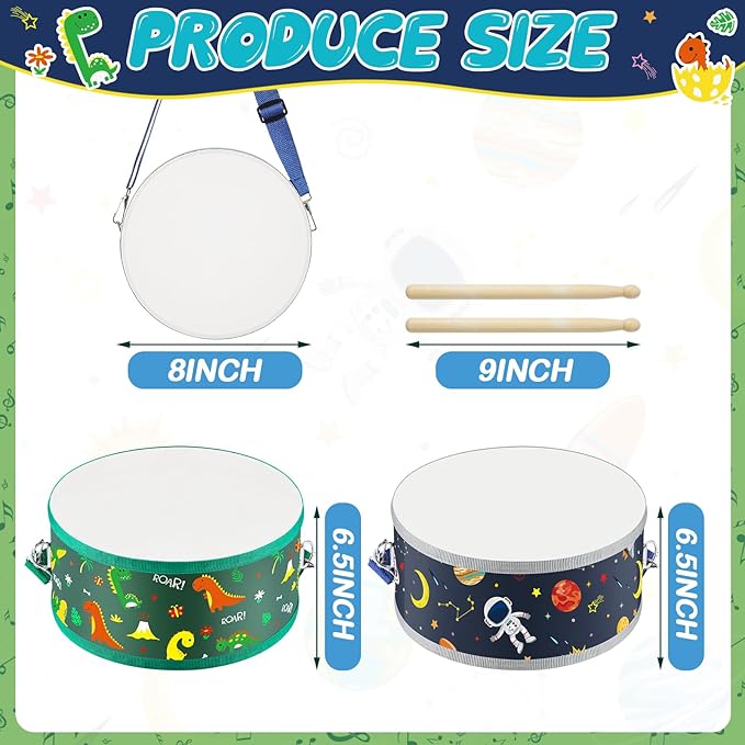 Boao 1 Pc Kids Drum Set, 8 Inch Toddler Drum Wooden Toy with Adjustable Strap and 4 Drumsticks, Educational Sensory Musical Instrument for Toddlers Kid Baby Boys Girls Gift (Dinosaur)
