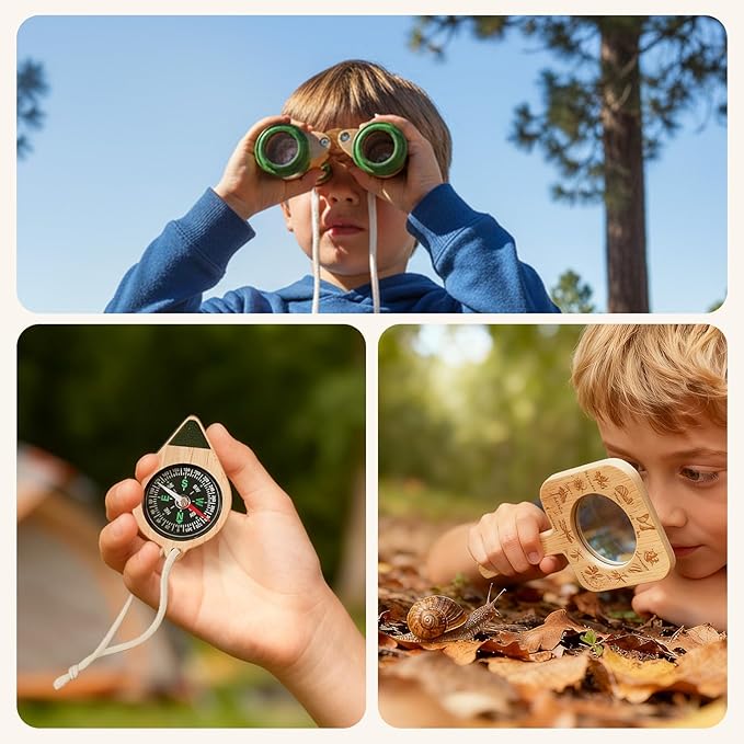 WOODEN TEETHER Kids Explorer & Adventure Kit for Ages 4–8, Wooden Knot Board (7 Step Cards) & Scrapbook, with Binoculars, Compass & Magnifying Glass, STEM Nature Exploration Toy