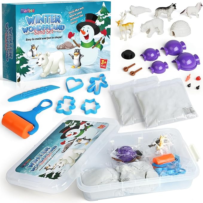 Winter Wonderland Snow Sand Playset, Creativity Toy Sensory Bin with Arctic Animal Figures, 2 Lbs of Sand and Snowman Molds for Boy Girl Kid Toddlers Age 3-8