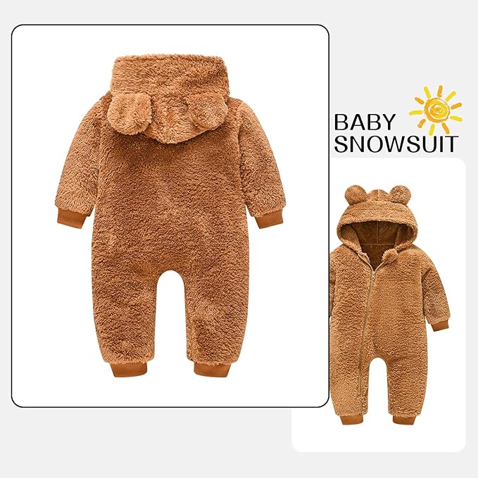 Baby Fleece Jumpsuits Infant Bear Ear Snowsuit Newborn Hooded Romper Warm Coat