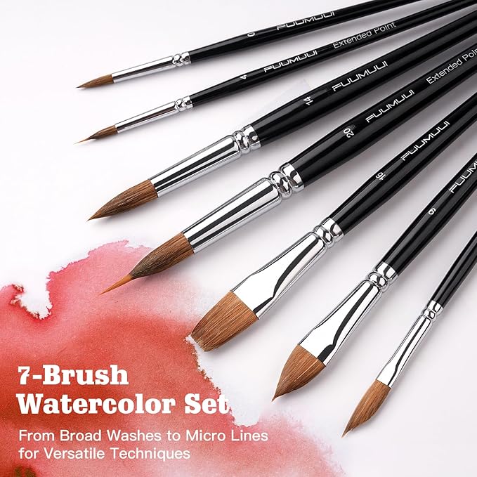 Watercolor Brush Set, Fuumuui 7pcs Professional Sable Paint Brushes with Extended Needle, Round Point, Flat, Dagger, Cat's Tongue for Watercolor, Acrylic, Gouache – Detail & Wash Painting