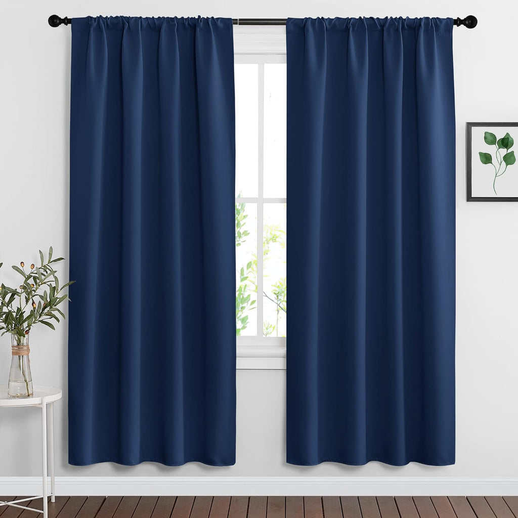 RYB HOME Blackout Curtains Pair - Countryside Portable Drapes with Rod Pocket Hanging Light Block Privacy Wall Panels for Foyer Entryway Bathroom Bedroom, W 42 x L 72 in, Navy Blue, 2 Pcs