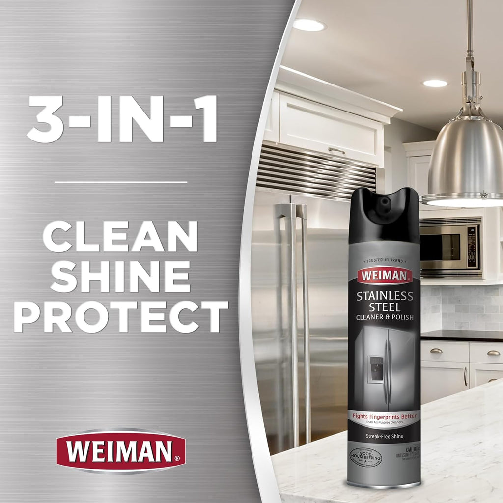 Weiman Stainless Steel Cleaner & Polish Streak-Free Shine - For Refrigerators, Oven, Dishwasher, Stove - 2 Pack Aerosol Spray with Microfiber Cloth Included