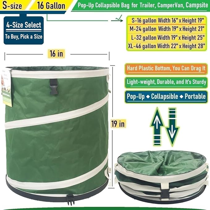 16-Gallon Collapsible Trash Can (16x19 in) Hard-Shell Bottom Yard Garden Bag for Pop-Up Trash Can,Recycling Bin,Yard Waste Container,RV Camping Waste Bin,Laundry Hamper,Lawn Grass,Leaf Bag,Weed Basket