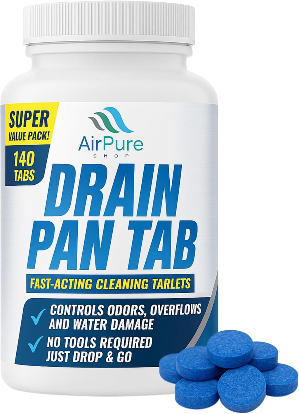Air Pure Drain Pan Tabs - 140 Flow Treatment Tablets for HVAC & AC Condensate Pan Treatment | Prevents Overflow, Cleans Drain Lines, & Eliminates Odors