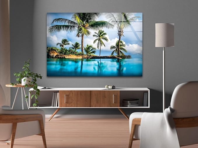 My Photostation.com 43Wx27H'' Island & Blue Sea Glass Wall ArtTempered Glass Printing Wall Decor Large Wall Art Wall Hangings