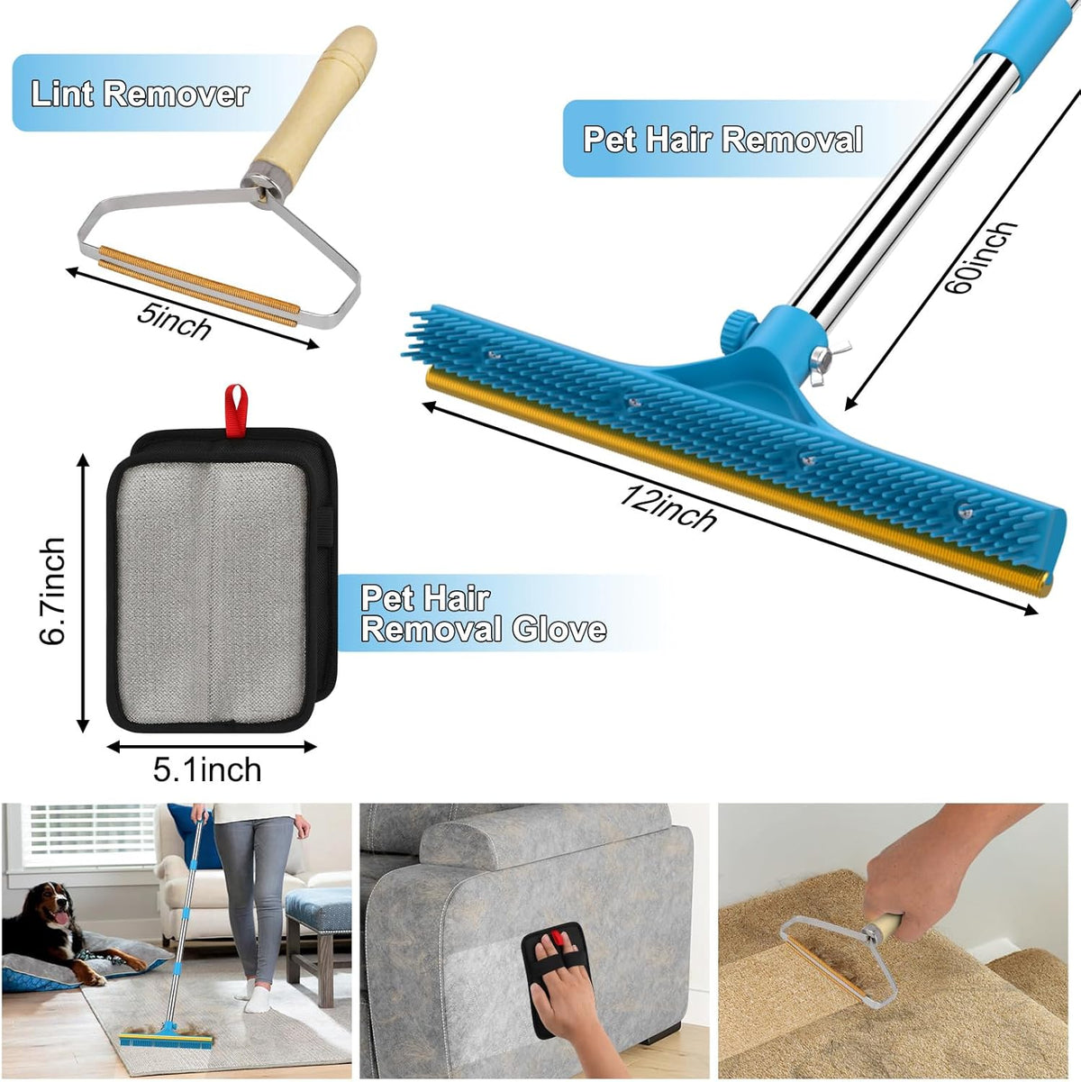 3 in 1 Carpet Rake for Pet Hair Removal, Reusable Pet Hair Remover Broom, 60'' Adjustable Long Handle Dog and Cat Hair Remover Tool Set of 3, Lint Remover Scraper for Carpets, Rugs, Mats, Couch, Car