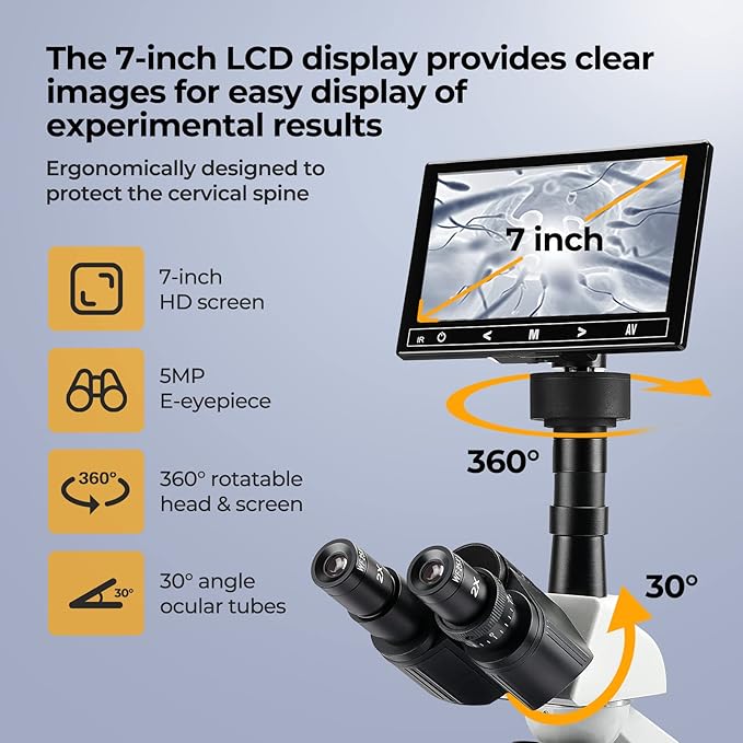 [Constant Temperature] Vabiooth Lab Trinocular Compound Microscope 40X-2500X Magnification with 7" Monitor 5MP E-Eyepiece,Adjustable Thermostat Mechanical Stage for Husbandry,Pet Hospital,Farms