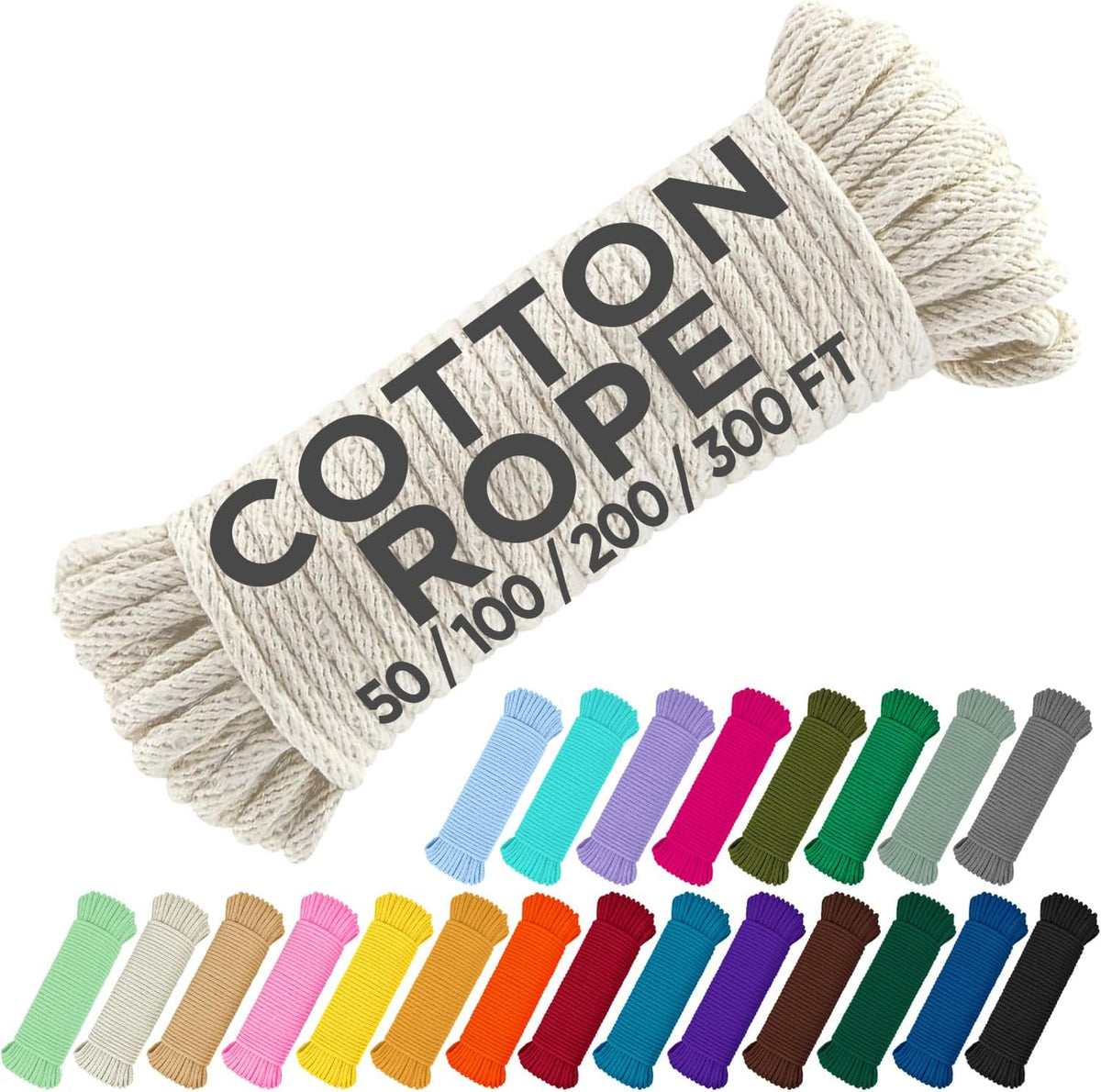 TECEUM 500lb Cotton Rope 3/16” (5 mm) – 50 FT | 100 FT– Strong All-Purpose Braided Rope – Natural Cotton – for Crafting, Сamping, Clothes Line, DIY, Indoor & Outdoor Use – Natural