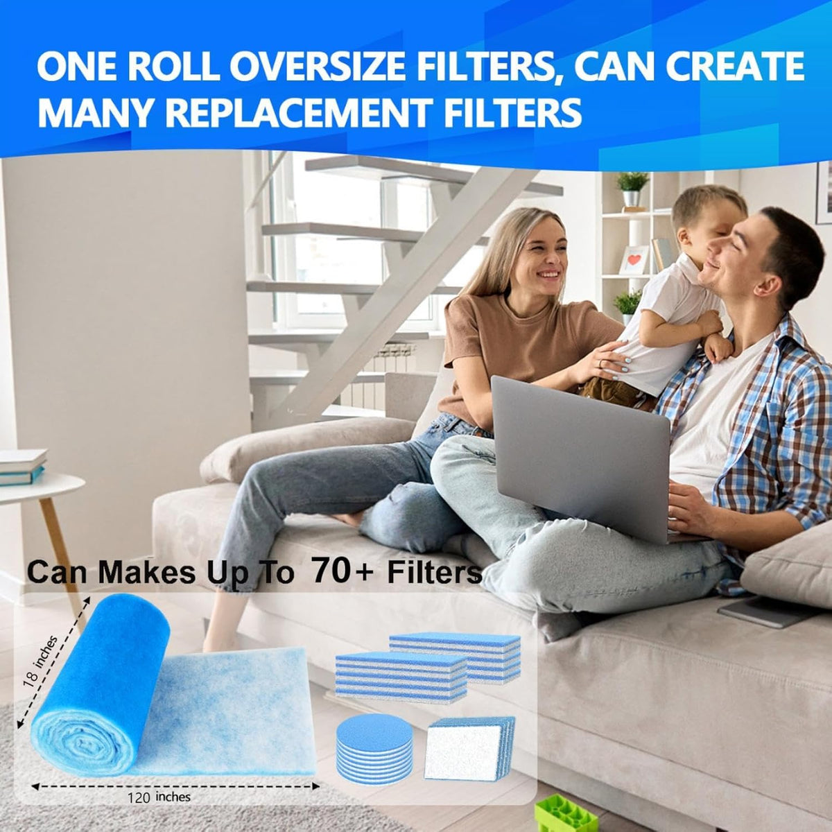 18" x120" Air Vent Filters, Cut to Fit Air Filter (70+ Filters), MERV 8 Triple Vent Filter for Home Floor, Ceiling, RV, HVAC Furnace Vents, With Adhesive Hook Tape and Installation Tape