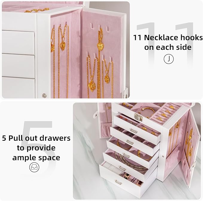 Large Jewelry Box,5-Tier PU Leather Jewelry Organizer with Lock,Multi-functional Storage Case with Mirror,Jewelry Organizer for Bracelets, Earrings, Rings, Necklaces, Mothers Day (CREAM)
