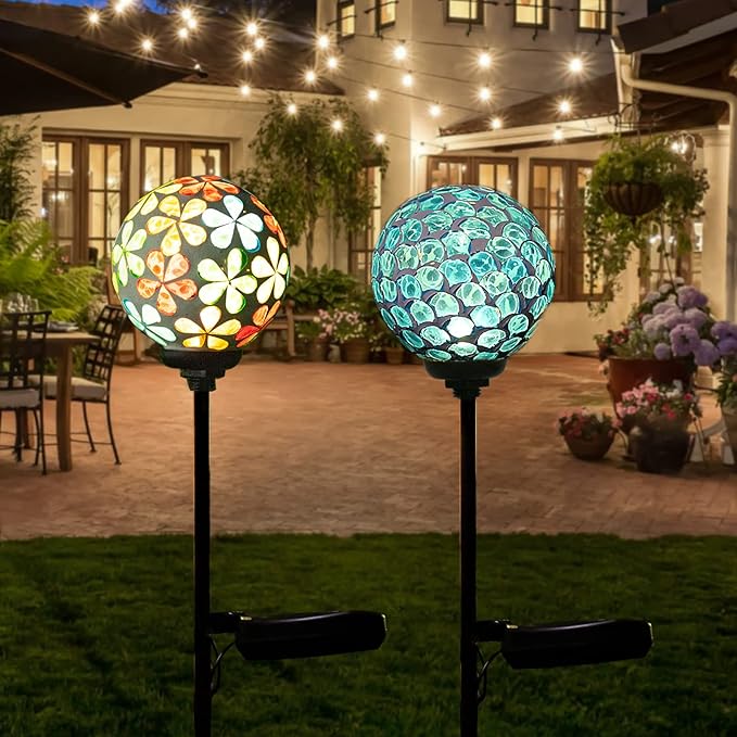 VCUTEKA Solar Garden Lights, Mosaic Solar Light Outdoor Waterproof LED Pathway Stake Light for Landscape Patio Yard Deck Walkway Decoration, 2 Pack