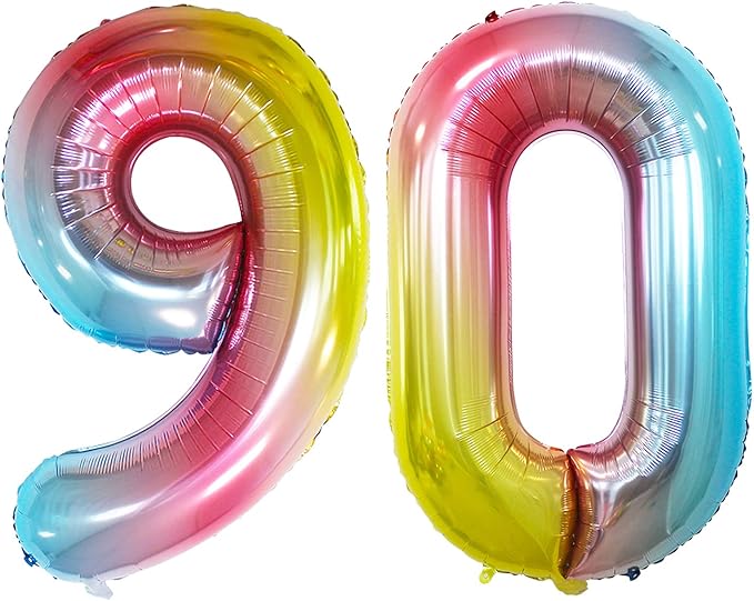 GOER Number 90 Balloons for 90th Birthday Party Decorations,42 Inch Jumbo Foil Helium Balloons for 90th Anniversary (Rainbow)