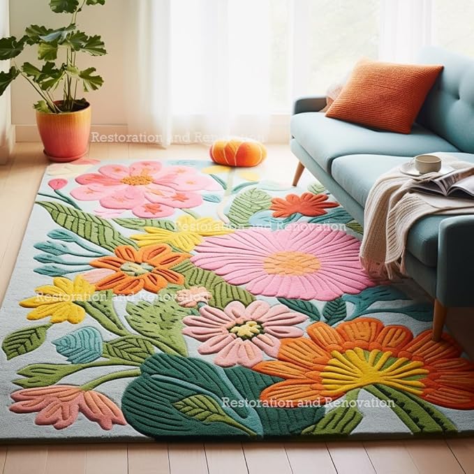 Handmade Wool Floral Area Rug for Living Room | Elegant Flower Garden Design, Soft, Thick and Durable | Bedroom, Dining Room & Home Decor Carpet (8' Round, Floral F)