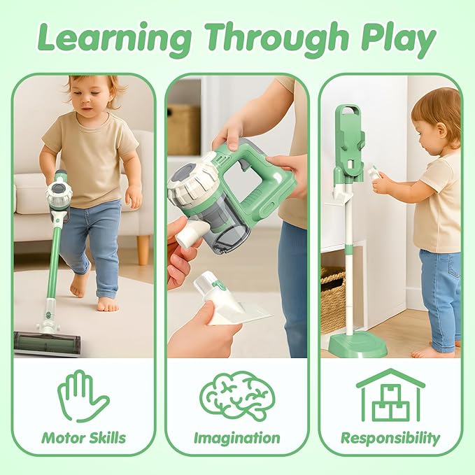 3-in-1 Kids Vacuum That Really Works – Working Toddler Vacuum Cleaner with Real Suction, Montessori Pretend Play Cleaning Toy Gift Set for Boys and Girls Ages 3+