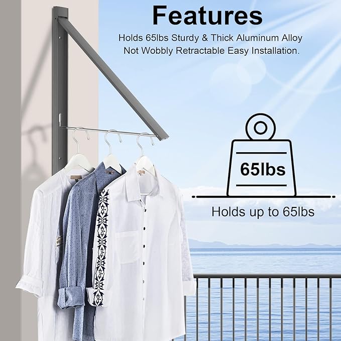 Wall Mounted Drying Rack - No Drill Installation, Space Saving Foldable Clothes Rack for Laundry Room, Dorm, Apartment,RV, Closet. Heavy Duty & Rustproof Aluminum Alloy (Gray)