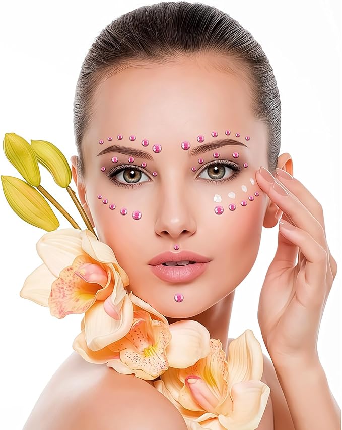 Self Adhesive Face Gems and Pearls for Makeup, Festival Jewels, Hair Gems Pearls, 3/4/5/6/8 mm Round Rhinestone Stickers for Face, Eye, Makeup, Body, Crafts 591Pcs (11_Light Pink)