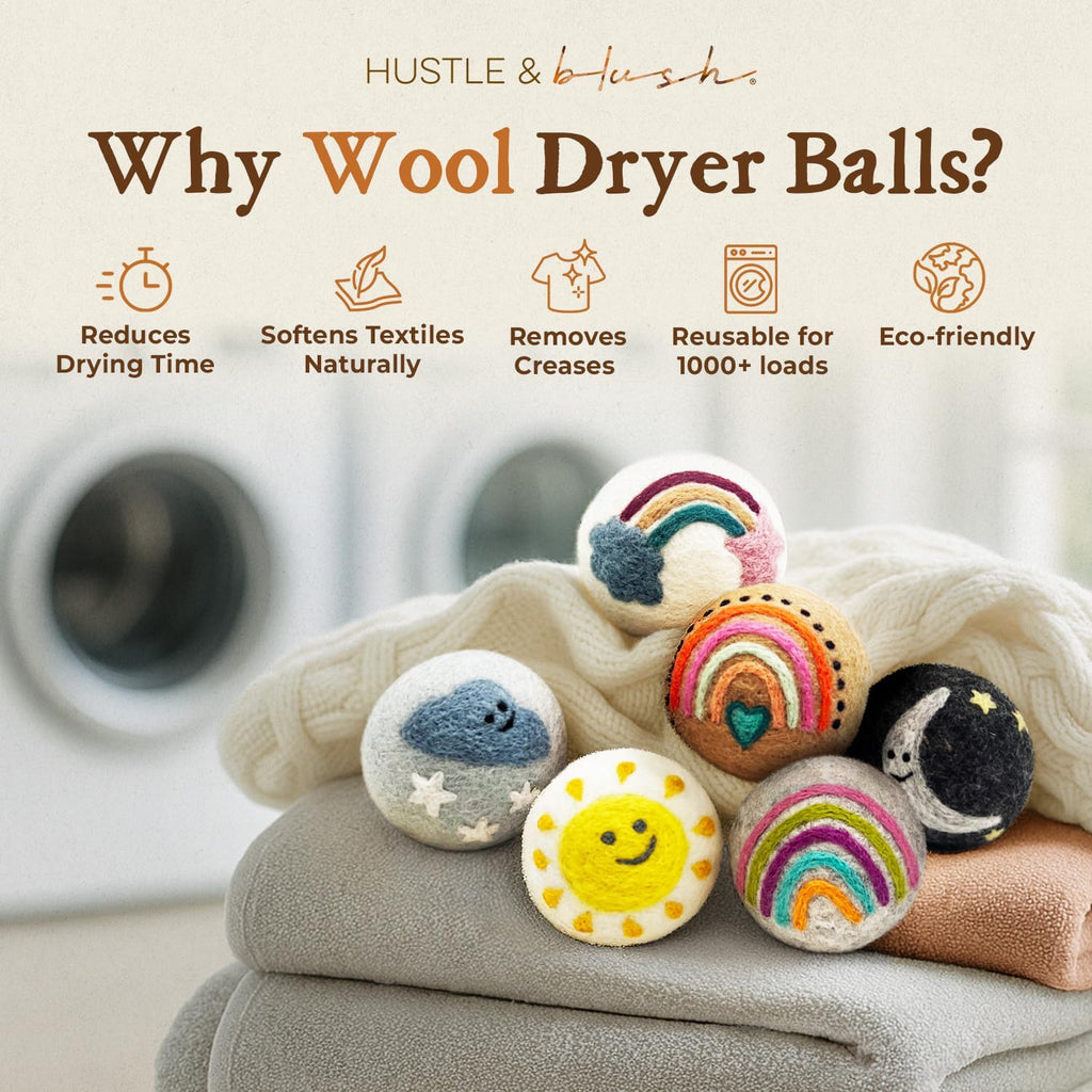 Fluff Ewes Wool Dryer Balls 6 Pack Premium New Zealand Wool Laundry Balls for Dryer, No Static Dryer Balls Laundry Reusable, XL Wool Dryer Balls Cute, Baby Dryer Balls for Dryers - Rainbow or Shine