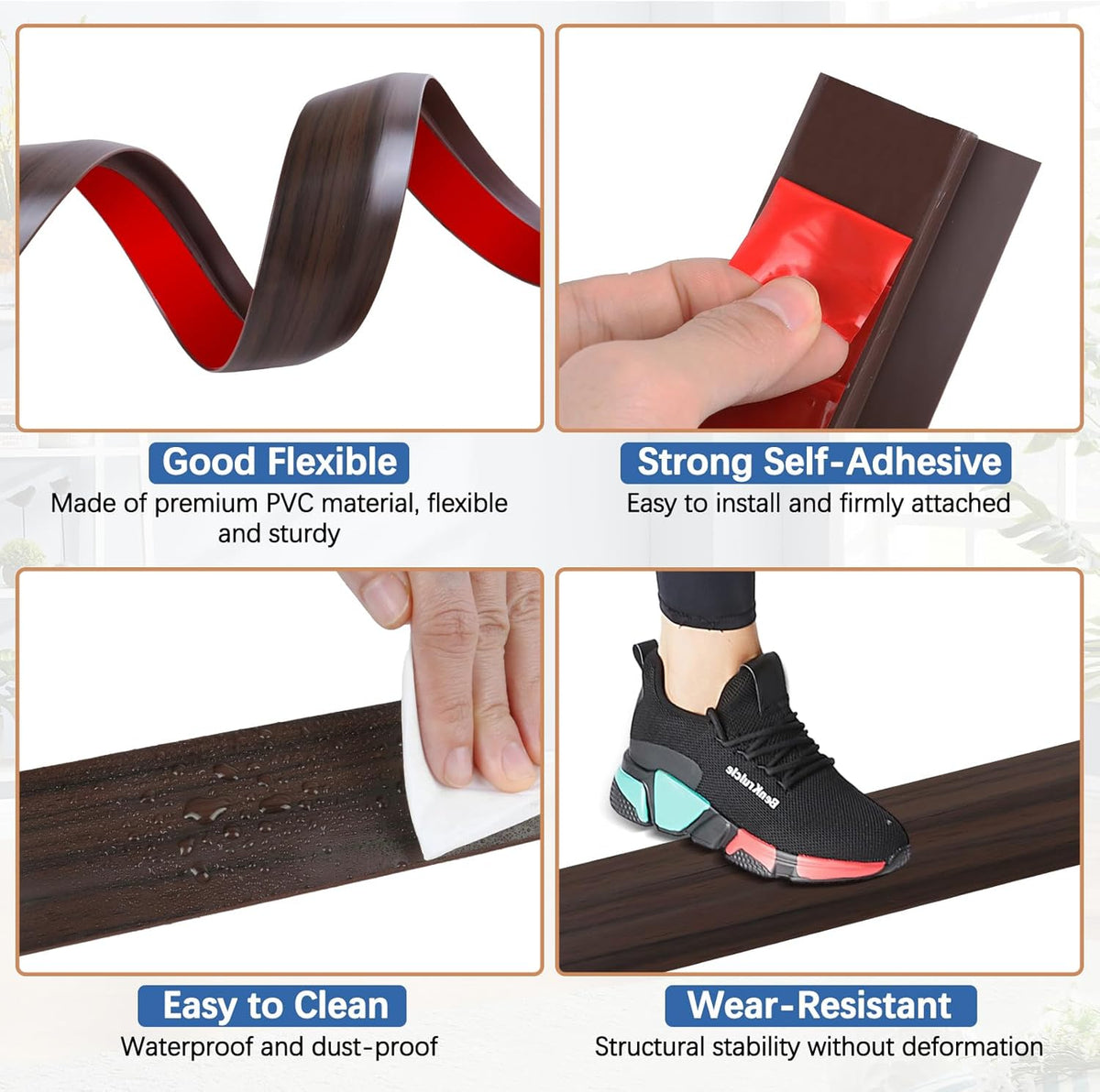 Vinyl Door Threshold Flooring Transition Strip Self Adhesive Carpet Edging Strip for Laminate Doorway Edge Threshold from 2/5" to 3/5" (Brown Wood Grain, 3.3 Ft)