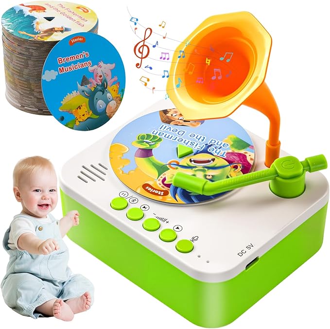 Kids Phonograph Toddler Record Player， with 96 Learning Cards, Early Education Machine Record Player Music Box Storyteller pop Speakers, Gift for Boys and Girls