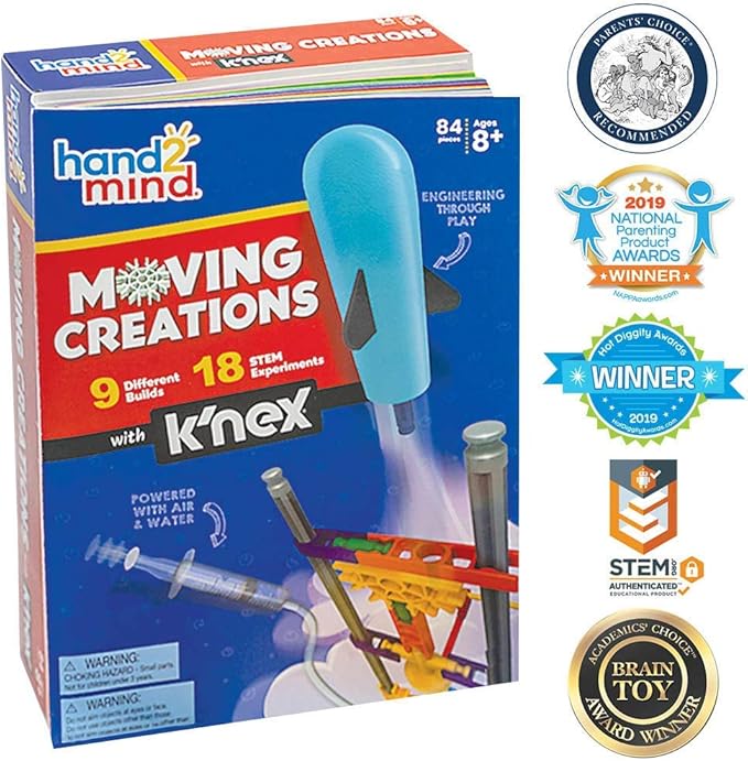 hand2mind Moving Creations with K'NEX, Book and Building Kit for Kids Ages 8-12, 9 Models & 18 Science Experiments, Explore The Science of Air and Water, Homeschool Science Kits