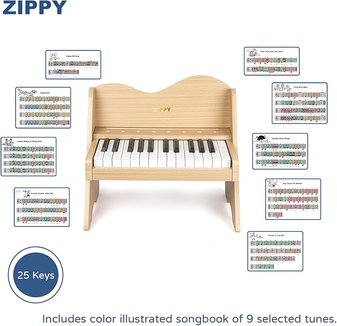 ZIPPY Kids Piano Keyboard, 25 Keys Digital Piano for Kids, Touch Sensitive Control Panel, Volume Adjustable, Mini Music Educational Instrument Toy, Wood Toy for Toddlers Girls Boys (Oak)