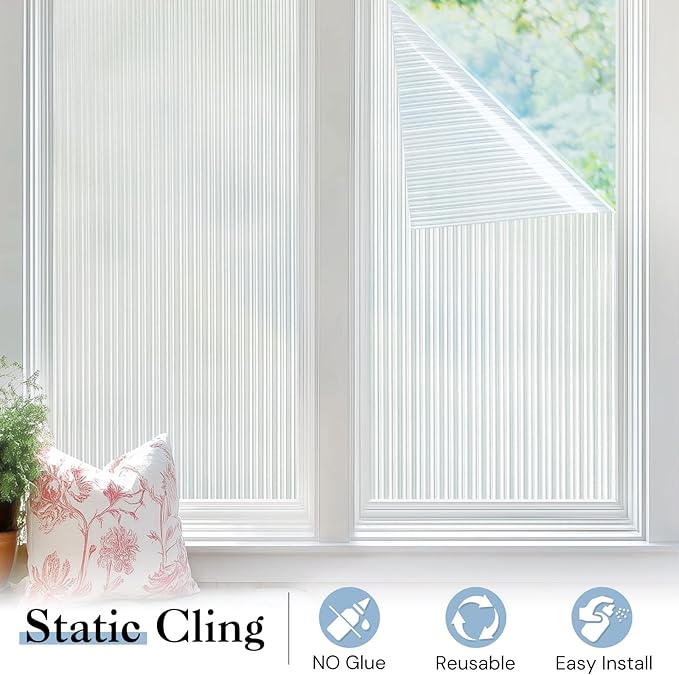 Haton Reeded Glass Window Privacy Film, Frosted Glass Window Film, Static Cling UV Blocking Stickers, Decorative Removable Cover for Bathroom Door Office, Non Adhesive 35.4" x 78.7"