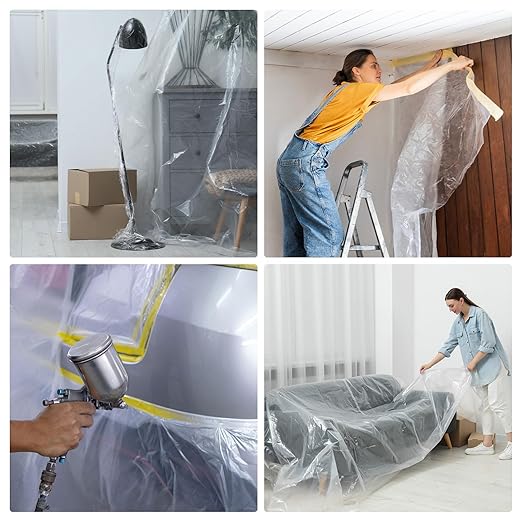 HARFINGTON Pre-Taped Masking Film 106.3" x65.6ft Double Adhesive Tape and Drape Painters Plastic Drop Cloth Film with Tape Plastic Sheeting for Automotive Painting Covering