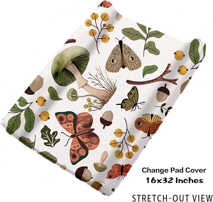 Personalized Baby Crib Bedding Set for Baby Boys Girls, Mushroom Design Custom Name Baby Crib Sets 5-Pcs, Toddler Double Layer Blanket Fitted Sheets Changing Pad Cover Rug Wall Art Set