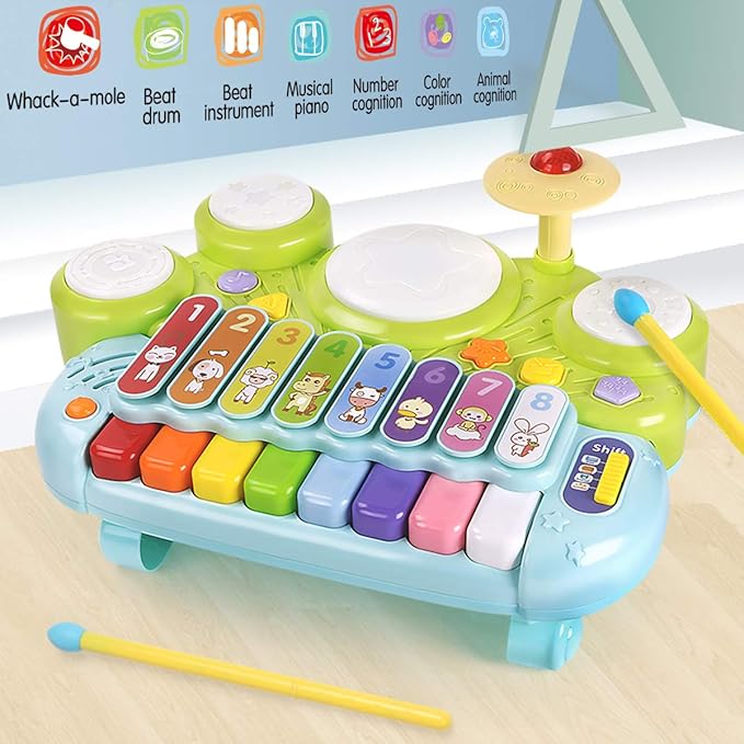 Fisca 3 in 1 Musical Instruments Toys, Electronic Piano Keyboard Xylophone Drum Set - Learning Toys with Lights for Baby & Toddler 1 2 3 Year Old Boys and Girls