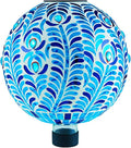 VOREEN Solar Gazing Ball, 10" Mosaic Glass Gazing Globe with Solar Light, Handmade Outdoor Yard Decor Sphere for Patio Lawn Garden, Gift for Mom Wife Friend, Peacock Feather Design (Blue)