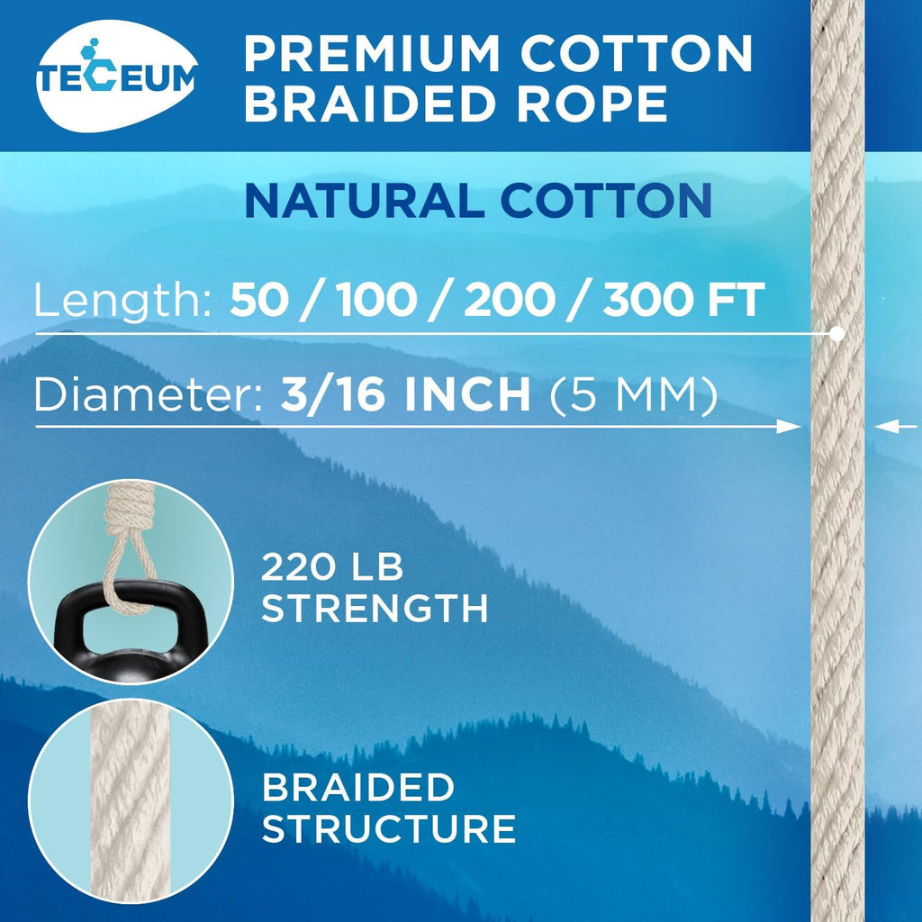 TECEUM 500lb Cotton Rope 3/16” (5 mm) – 100 FT – Strong All-Purpose Braided Rope – Natural Cotton – for Crafting, Сamping, Clothes Line, DIY, Indoor & Outdoor Use – Natural