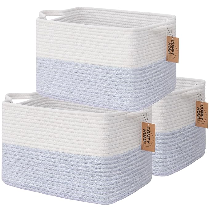 COMFY-HOMI 3PACK Cotton Rope Square Baske with Handles for Shelves|Dog Toy Baske Bin and Storage|Baby Baske for Gift|Shoe Baske for Organizing|13.5" x 11" x 9.5" for Living Room（White/Blue）