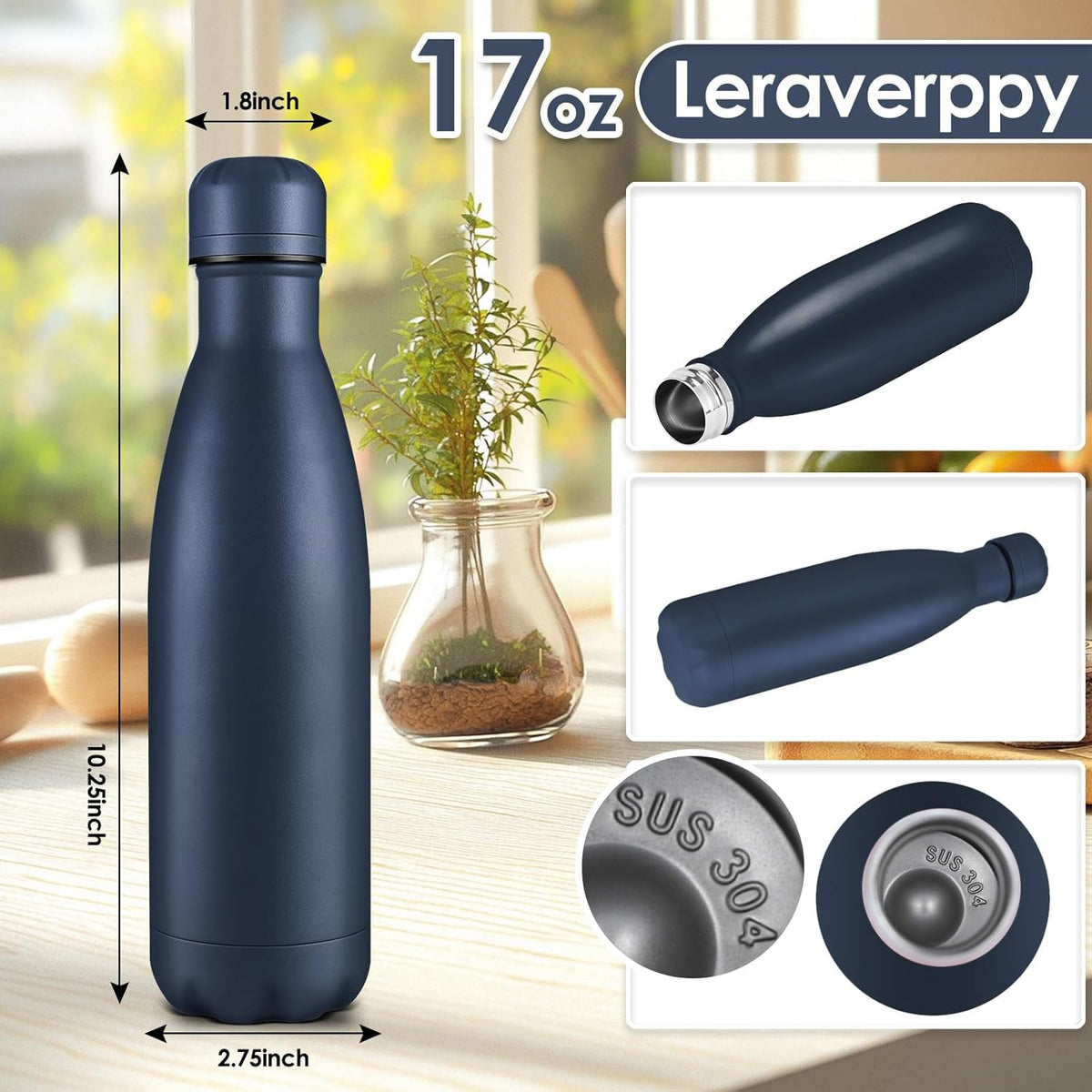 17oz Cola-Bottle Shaped Stainless Steel Leak-Proof Water Bottle,Double Wall Vacuum Insulated Metal,Travel Mug for Sports Indoors & Outdoors,BPA-Free School Kids Flasks,Navy(1Pack)