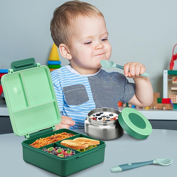 Bento Lunch Box for Kids with 8oz Soup Thermo&Lunch Bag, Leak-Proof Lunch Food Containers with 4 Compartment, Hot Food Insulated Food Jar for Kids School (Green)