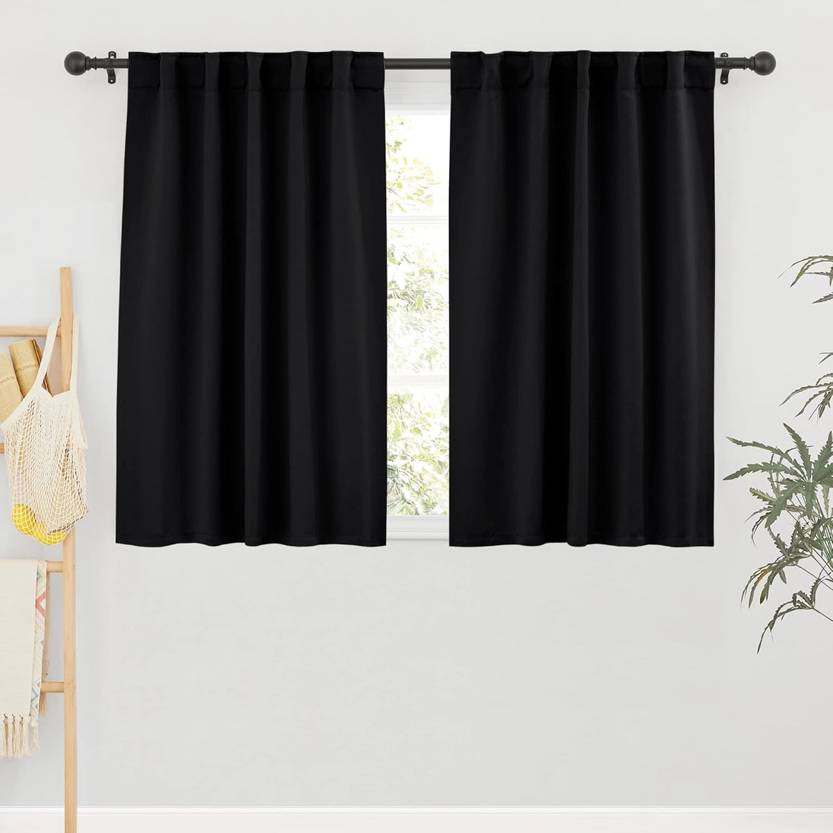 RYB HOME Blackout Curtains Pair - Solid Country Window Decorating Panels Light Block Drapes for Bedroom Kitchen Office Privacy Curtains for Gift, Wide 42 x Long 54 inch, Black, Set of 2