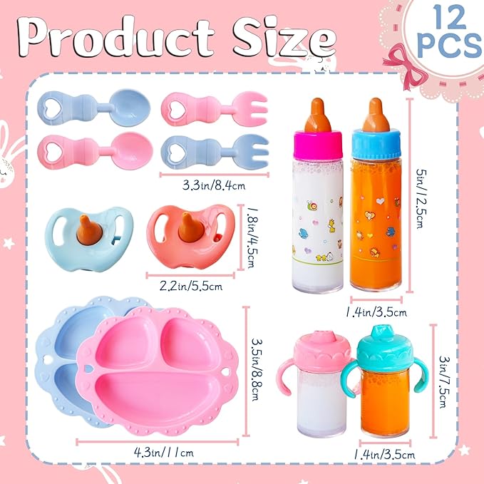 12 Pcs Baby Doll Accessories Magic Bottle set,Pretend Play Feeding Toy Set with Package,Doll Feeding Set for Kids Girls,Magic Disappearing Juice Milk Bottles,Sippy Cups,Pacifiers,Bowl Spoons