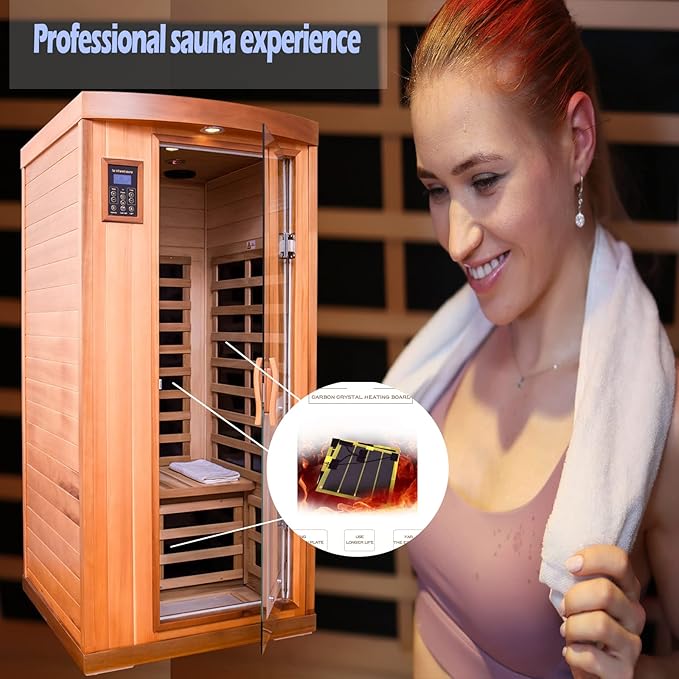 Far Infrared Sauna Room 1-2 Person Infrared Home Saunas, 8 Low EMF Heating Panels, 1510 Watts Red Cedar Wooden Saunabox with LED Reading Lamp, LCD Display-Control, Blue-Tooth Audio