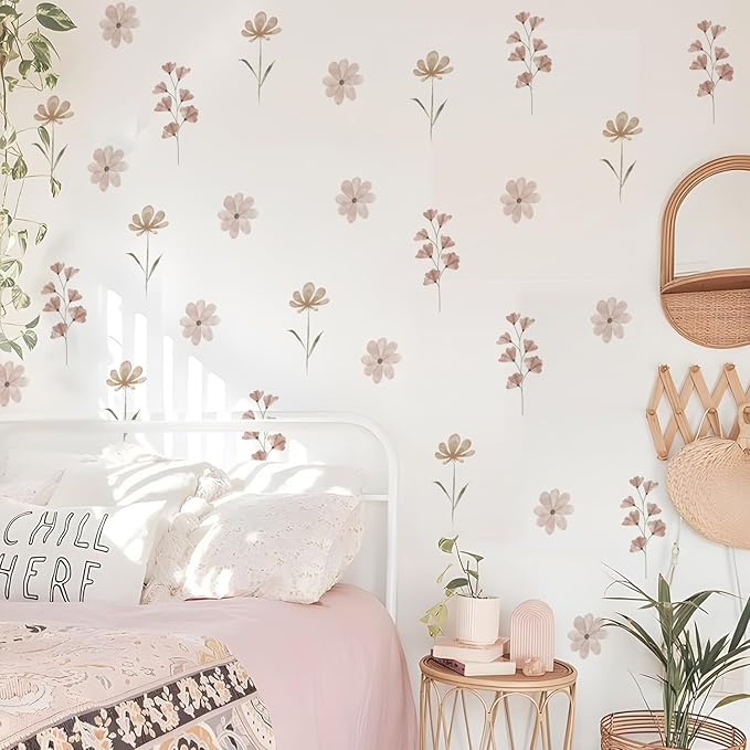 YouRfocus Daisy Wall Decals | 84 PCS Boho Flower Stickers for Girls' Rooms, Playrooms, and Nurseries | Dual Layer Print for High Coverage | Removable Peel and Stick Wall Decor (Pink-B) | 12 Sheets
