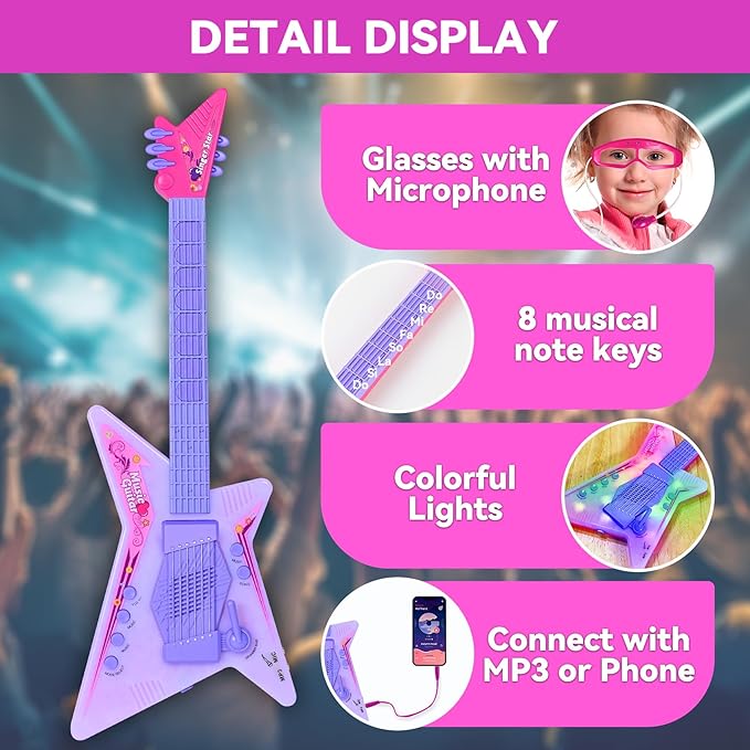 Guitar and Microphone Play Set with Glasses,Music Toys with Music&Light,Kids Karaoke Machine,Music Instruments for Toddlers,Girls,Perschool Educational Toys Gift for Children
