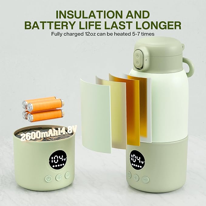 Portable Bottle Warmer for Travel, 2-Min Fast Heating Baby Bottle Warmer,12.8oz Formula Container to Go for Breastmilk, Formula Dispenser with Long-Lasting Keep Warm Function
