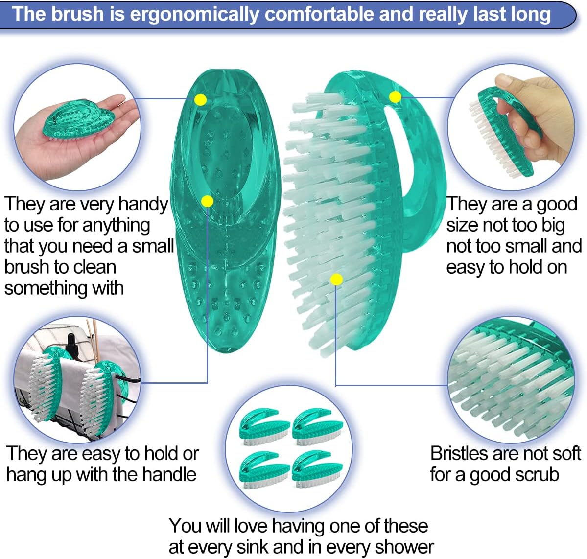 Handle Grip Nail Brush for Cleaning Fingernails Hands & Under Nails, Stiff Bristle Mechanic Scrub Brush Cleaner for Men Women, Pedicure Scrubbing Tool Kit - 4 Green