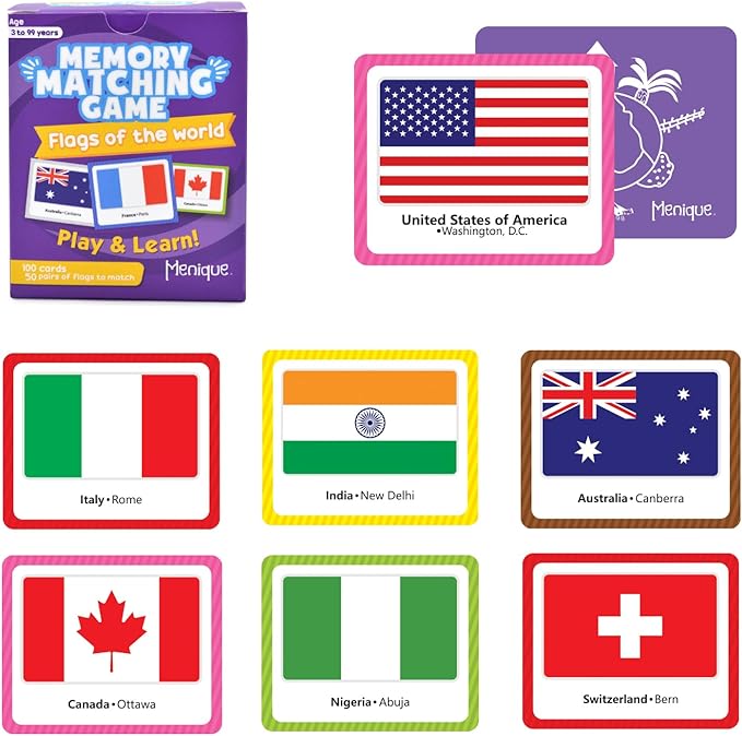 Menique Flags of The World Memory Matching Game – 100 Cards, 50 Countries to Match – Educational & Fun for Kids and Adults – Color-Coded by Continent – Learn Flags, Capitals, and Geography