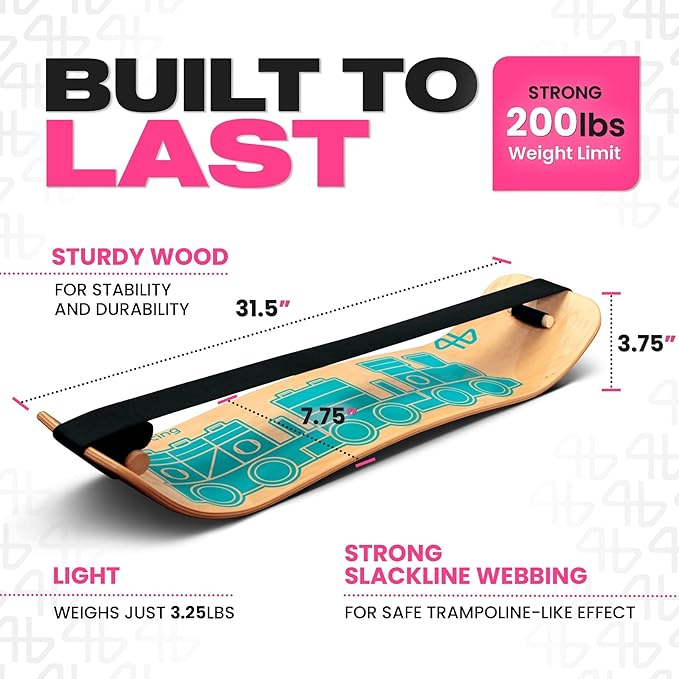 Balance Board for Kids - Slackline Wooden Wobble Board - Slackboard Balance Trainer for Coordination - Training for Skateboard, Snowboard, Football, Soccer, Baseball, Basketball