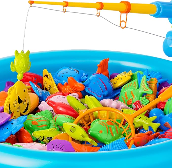 Magnetic Fishing Pool Toys Game for Kids Toddlers 3-5 4-8, Water Table Bathtub Toy with Inflatable Pool Pole Rod Net Plastic Floating Fish, Water Bath Pool Outdoor Toys for Kids Toddlers Baby